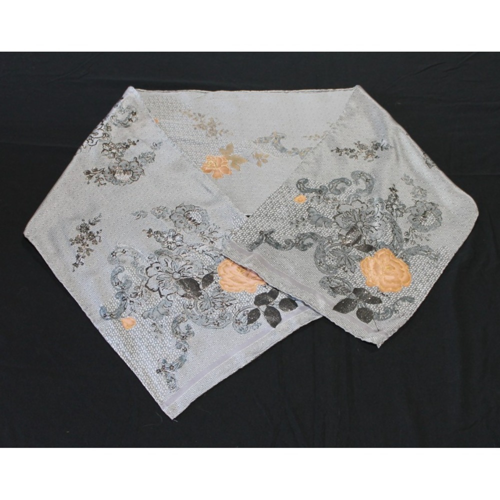 Long Floral Scarf Gray Peach 24x58 Lightweight Silky Wrap Glitter